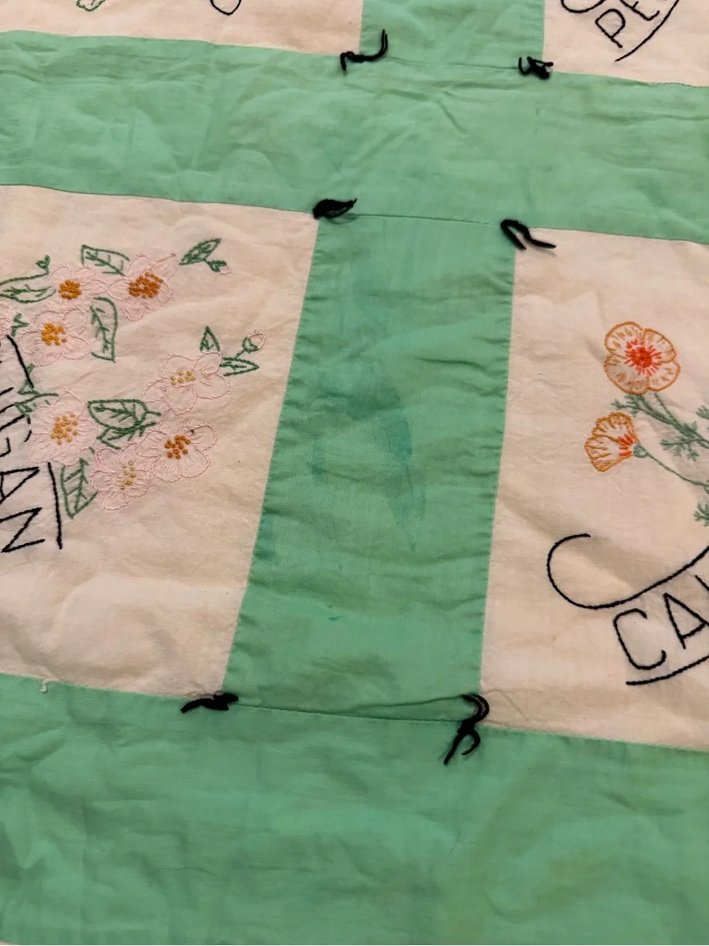 Vintage Embroidered 50 State Flower Patchwork Quilt Mint + Cream cottage country